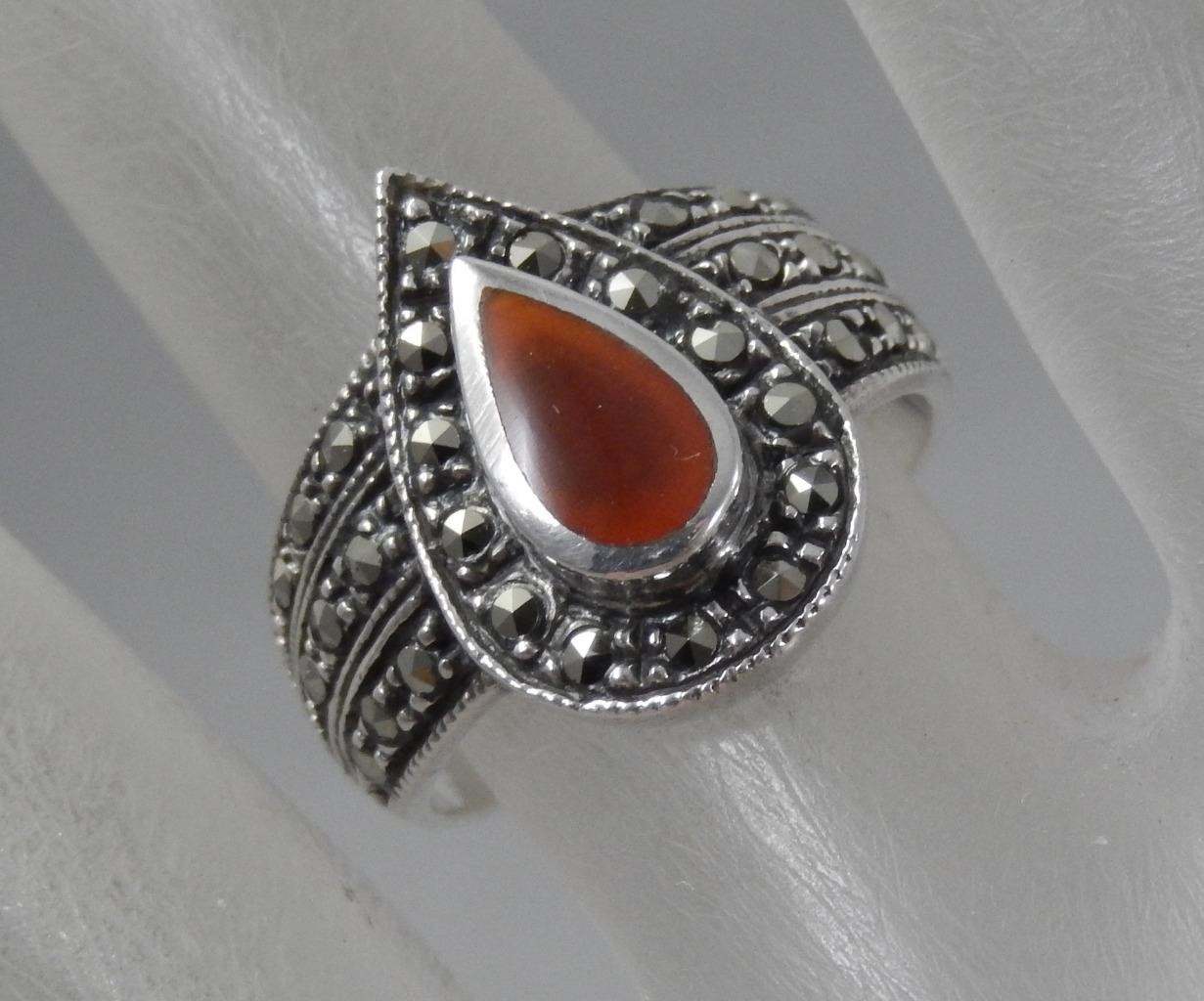 Solid Sterling Silver Carnelian & Marcasite Teard… - image 1