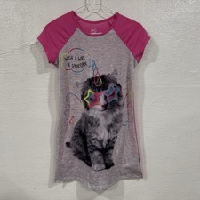 Wonder Nation Girls L 10-12 Cat Unicorn Pink Gray Sleep Gown Nightshirt