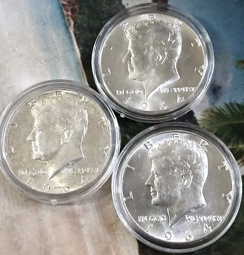 1964 Kennedy Half Dollars - 3 ea - 90% Silver - Almost Uncirculated -In Capsules