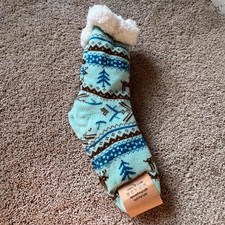 Fluffy Blue Sherpa-Lined Socks with Deer Pattern - Cozy Holiday Comfort
