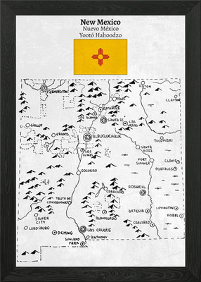 Hand Drawn Map of New Mexico Framed Wall Art Poster Canvas Print Picture