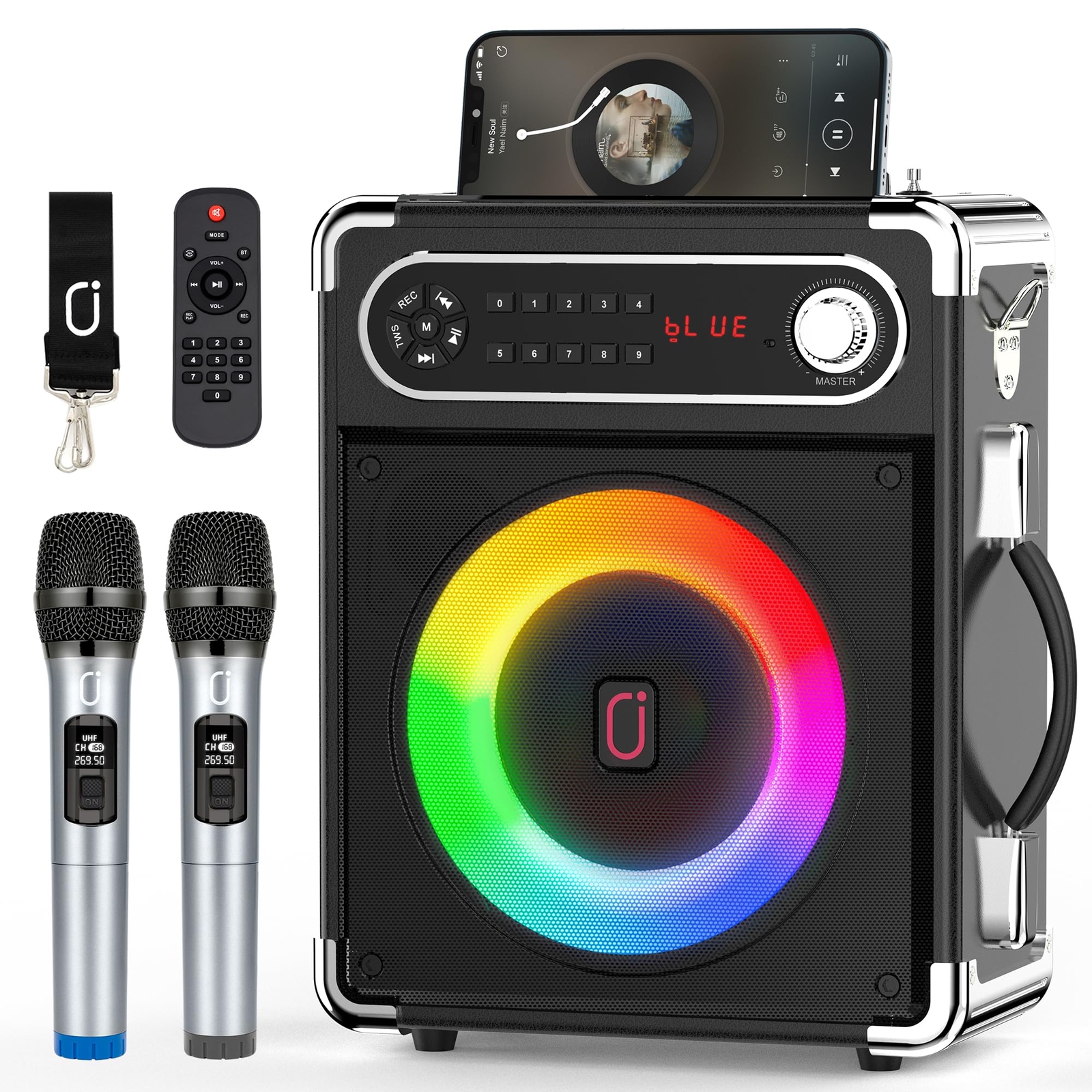 Karaoke Machine with Wireless Microphones, Portable Bluetooth Speaker with Ba...