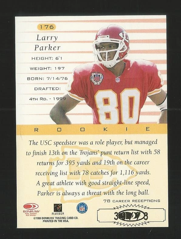 1999 Donuss Larry Parker Chiefs RC #176 Career Stat Line Gold Parallel Sp 39/78 - Image 2 of 2
