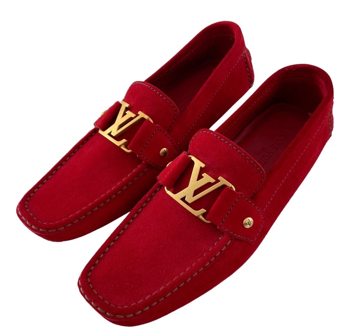 AUTHENTIC LOUIS VUITTON MONTE CARLO ROYAL RED SUEDE GOLD LOAFERS SZ 9 MENS  SHOES