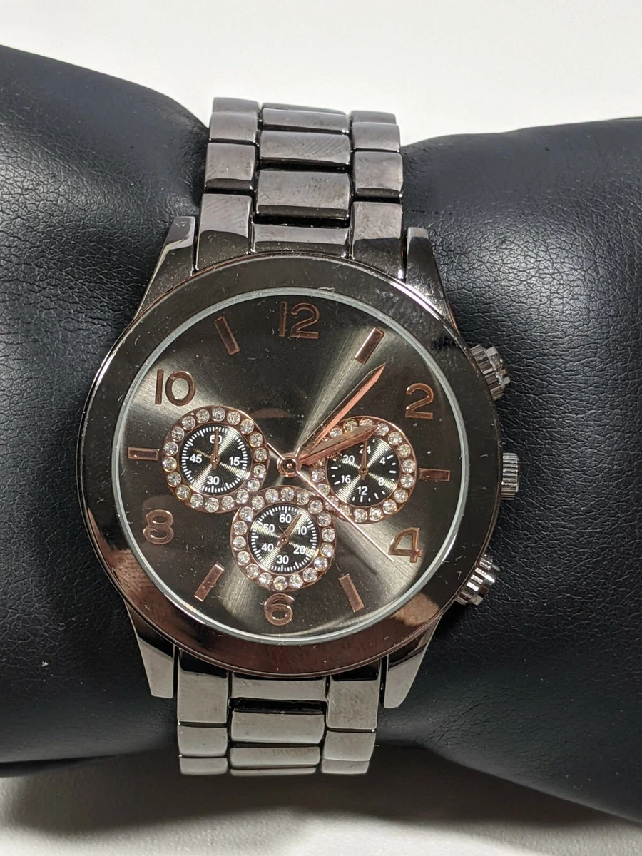 Black Brown Round Case 39 mm Crystal Dial Stainless Steel Band Watch 7 Inch