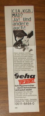 Seltene Werbung GEHA TOP SECRET Schriftgutvernichter Aktenvernichter KGB CIA 198