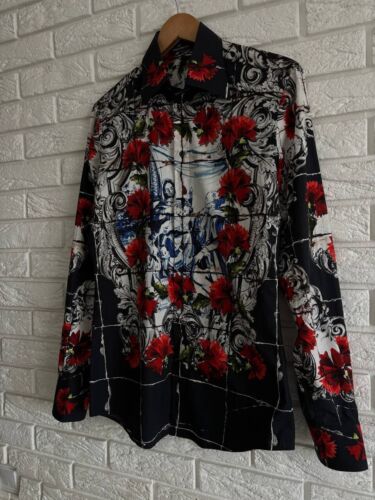 Dolce Gabbana men shirt printed flowers baroque style size 39 Luxury old money