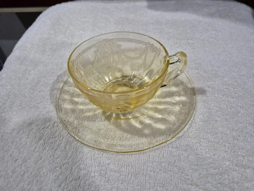 Cup and Saucer Hocking Cameo Ballerina Yellow Depression Glass Vintage