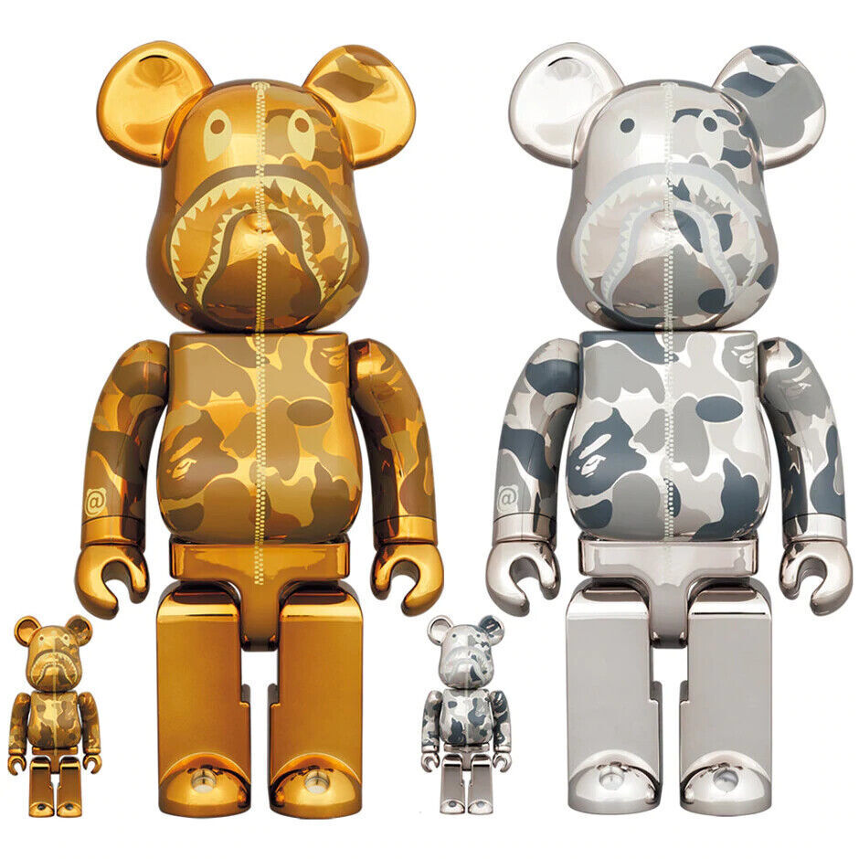Medicom Toy BE@RBRICK BAPE(R) CAMO SHARK 100 400 GOLD SILVER Medicom Toy BE@RBRICK BAPE(R) CAMO SHARK 100 400 GOLD SILVER