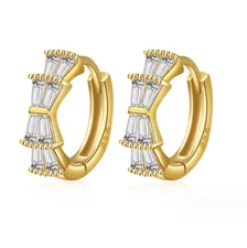 Women Men Silver Gold Plated Silver Clear Baguette CZ Hoop Huggie Earrings PE2