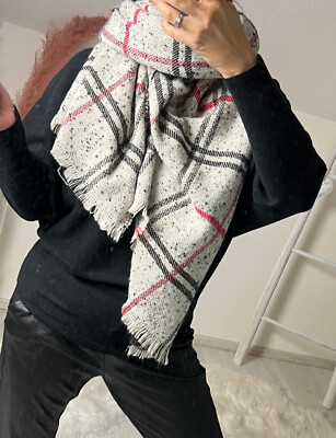 XXL blogger Wende Viskose Wolle Mix Schal grau black Karo Plaid Stola Glencheck