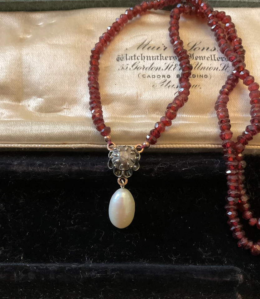 ANCIEN COLLIER OR 9 CARATS ARGENT MASSIF DIAMANT PERLE ROSE GRENATS AVEC BOITE - Photo 3/4