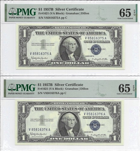 1957B $1 SILVER CERTIFICATES 4 Consecutive PMG GEM Uncirculated 65 EPQ Banknotes - Picture 4 of 5