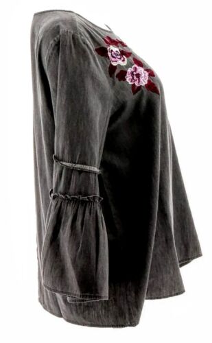 🌈1X DG2 Diane Gilman Flare-Slv Denim Top 🇺🇸 Stickerei grau - Bild 4 von 4