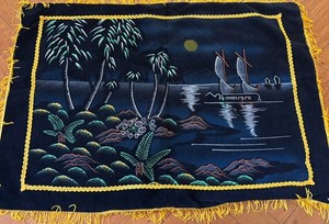1960’s Black Velvet Palm Tree & Boats Tiki Fluorescent Pillow Cover w Fringe