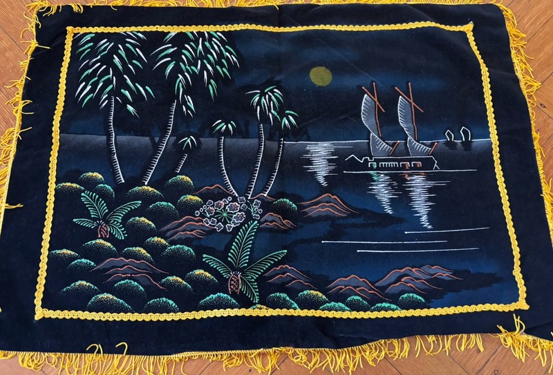 1960’s Black Velvet Palm Tree & Boats Tiki Fluorescent Pillow Cover w Fringe