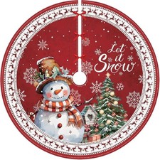 Christmas Snowman Tree Skirt, 36 Inch Red Snowflake Xmas Tree Mat