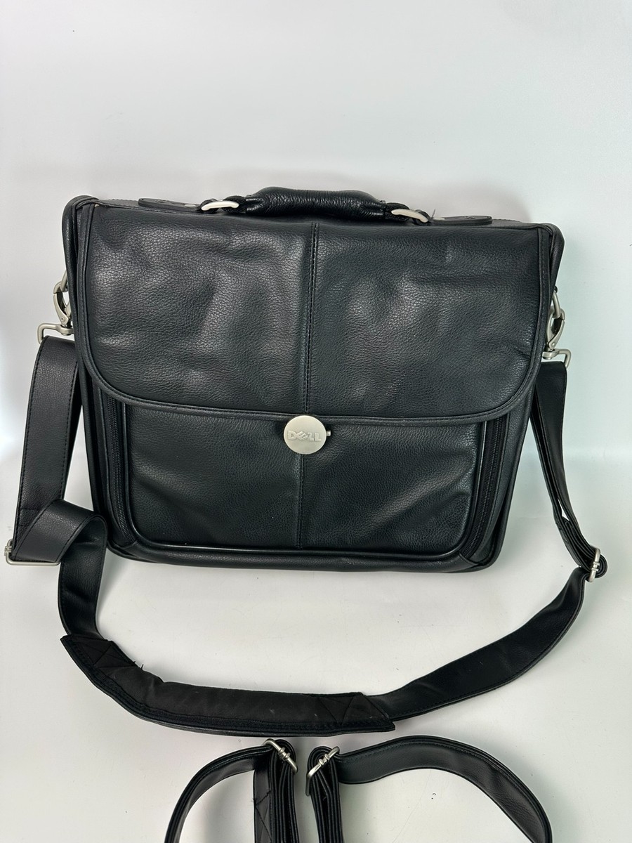 Dell Deluxe Laptop Computer Bag Briefcase With Strap in Black Leather EUC Clean View 3