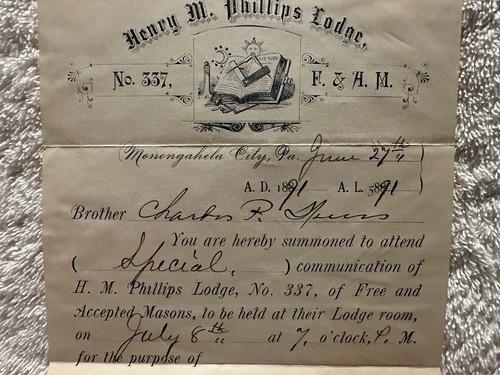 Masonic Lodge 337 Henry M. Phillips Lodge Memo 1891 - Imagen 4 de 9