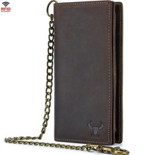 BAIGIO Men Long Wallet with Chain Real Genuine Leather RFID Biker Trucker Bifold