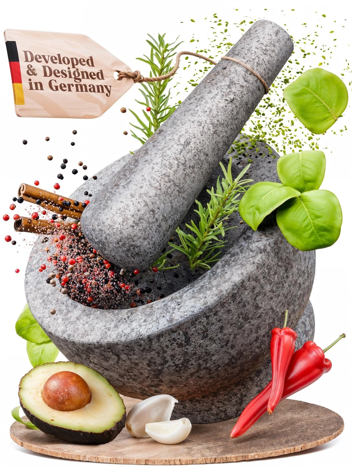 ChefSofi Mortar and Pestle Set - 6 Inch - 2 Cup Unpolished Granite - Gray