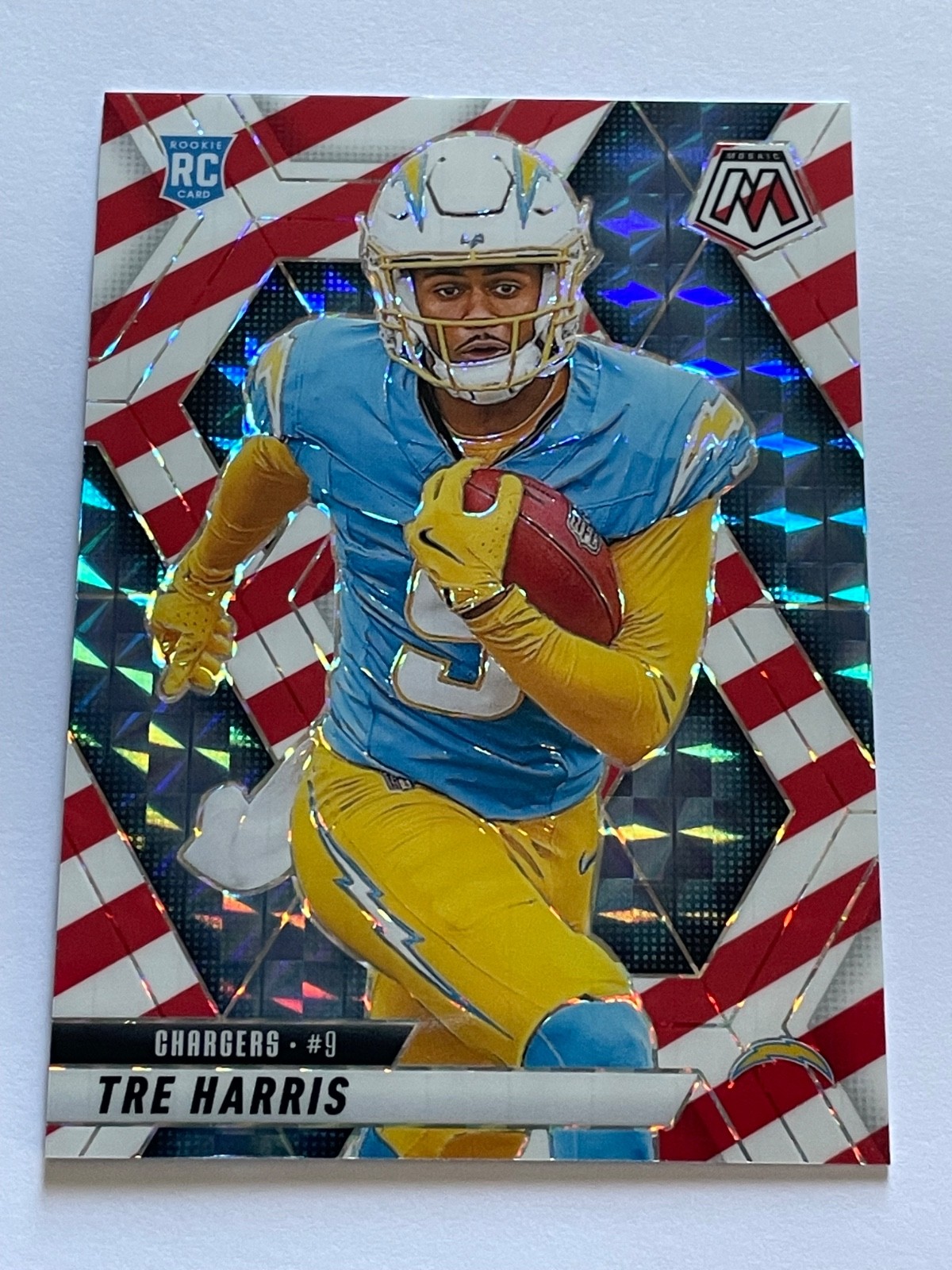 2025 Panini Mosaic Tre Harris #326 Red & White Stripe Prizm RC LA Chargers