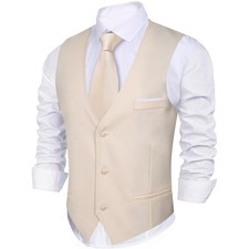 Barry.Wang Beige Men's Slim Fit V-Neck Suit Vest Formal Waistcoat