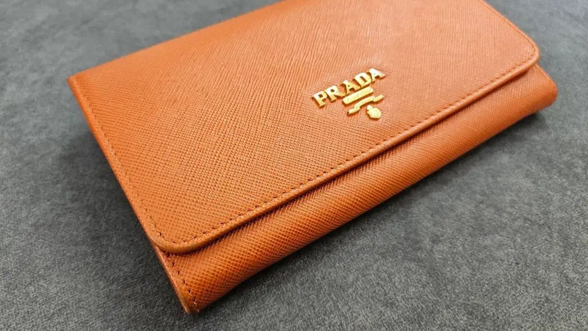 PRADA Saffiano Leather Bifold Wallet Orange Gold Logo Lettering Compact Purse thumbnail 2
