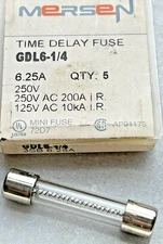 (5) MERSEN GDL6-1/4  Fuse Time Delay 6.25 AMP, 250V, Glass FERRAZ SHAWMUT, NEW
