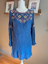 Blue Rain Embroidered Mini Dress Long Sleeve Blue Floral Boho Folk Cottagecore S