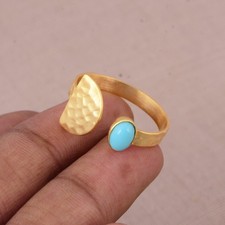 Yellow Gold Hammered Half Disc Adjustable Ring Sterling Silver Turquoise Jewelry