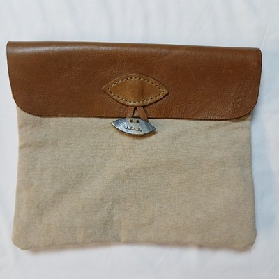 Afar beige canvas clutch Envelope  Style brown Zebu leather flap Horn Toggle 