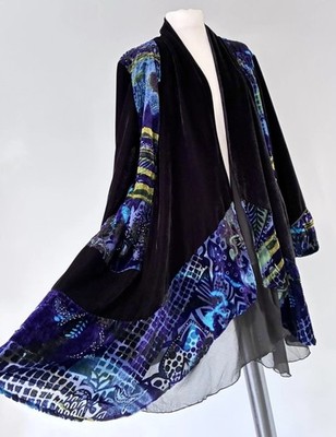 Dreamkeeper schwarz Multi Devore Samt Perlen Gehrock Kimono Jacke Mantel L XL