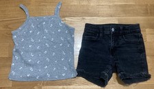 Girl's Old Navy Outfit Sz 7 8 - Gray Floral Tank Top w/Black Jean Shorts EUC