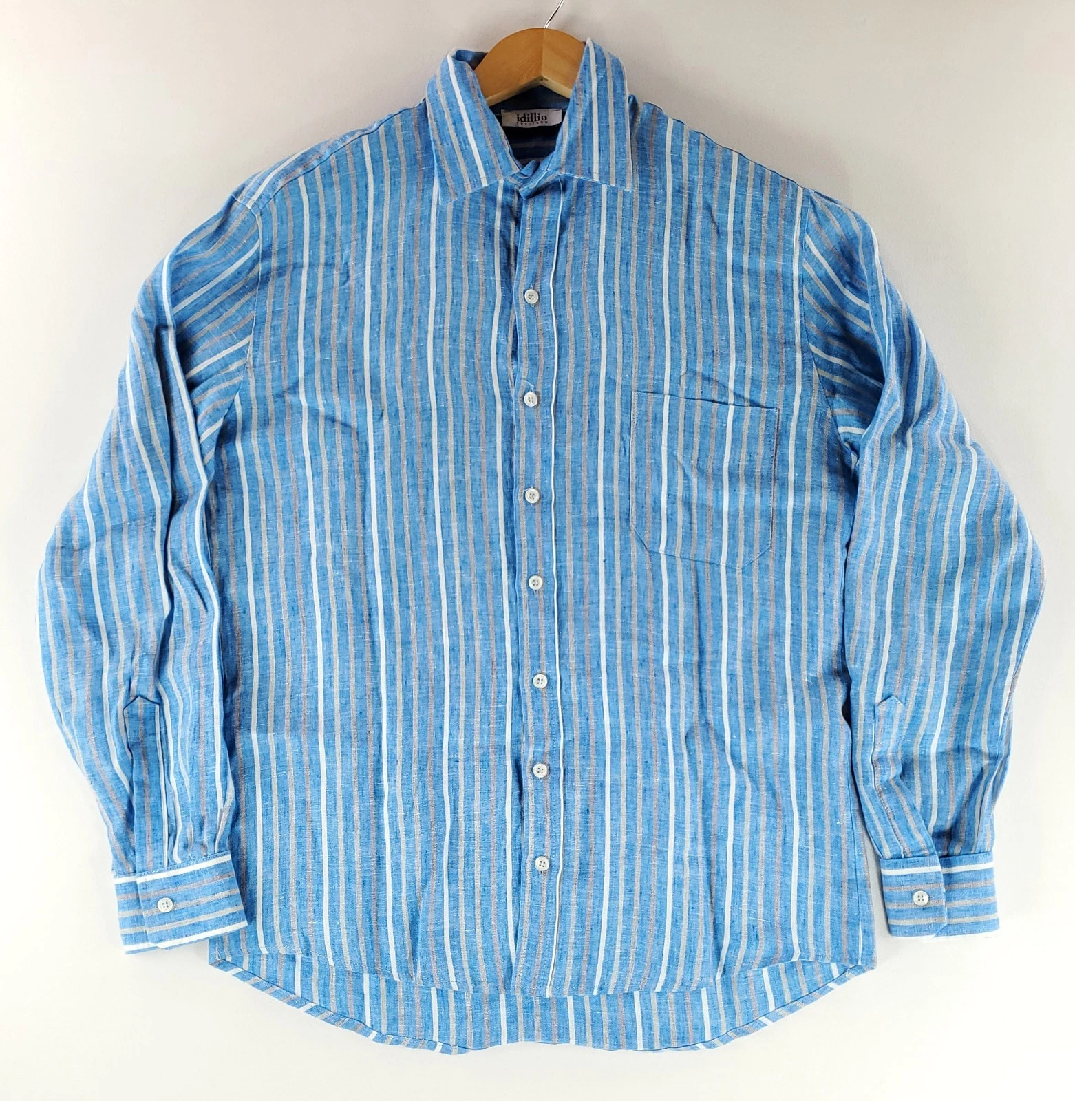 Idillio Button Up Shirt 100% Linen Blue White Gray Striped Long Sleeve Mens XL