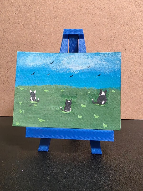 ACEO original painting Cats in a meadow looking at birds, Wyld Dog Art