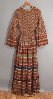 Antique 19thC Period Woman's Paisley Calico Hand Sewn Dress w/ Bell Sleeves NR