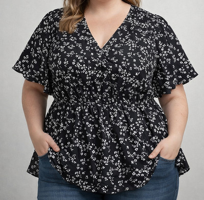 LARGE BLOOMCHIC FLUTTER SLEEVE ELASTIC WASIT TOP BLACK WHITE DITSY FLORAL