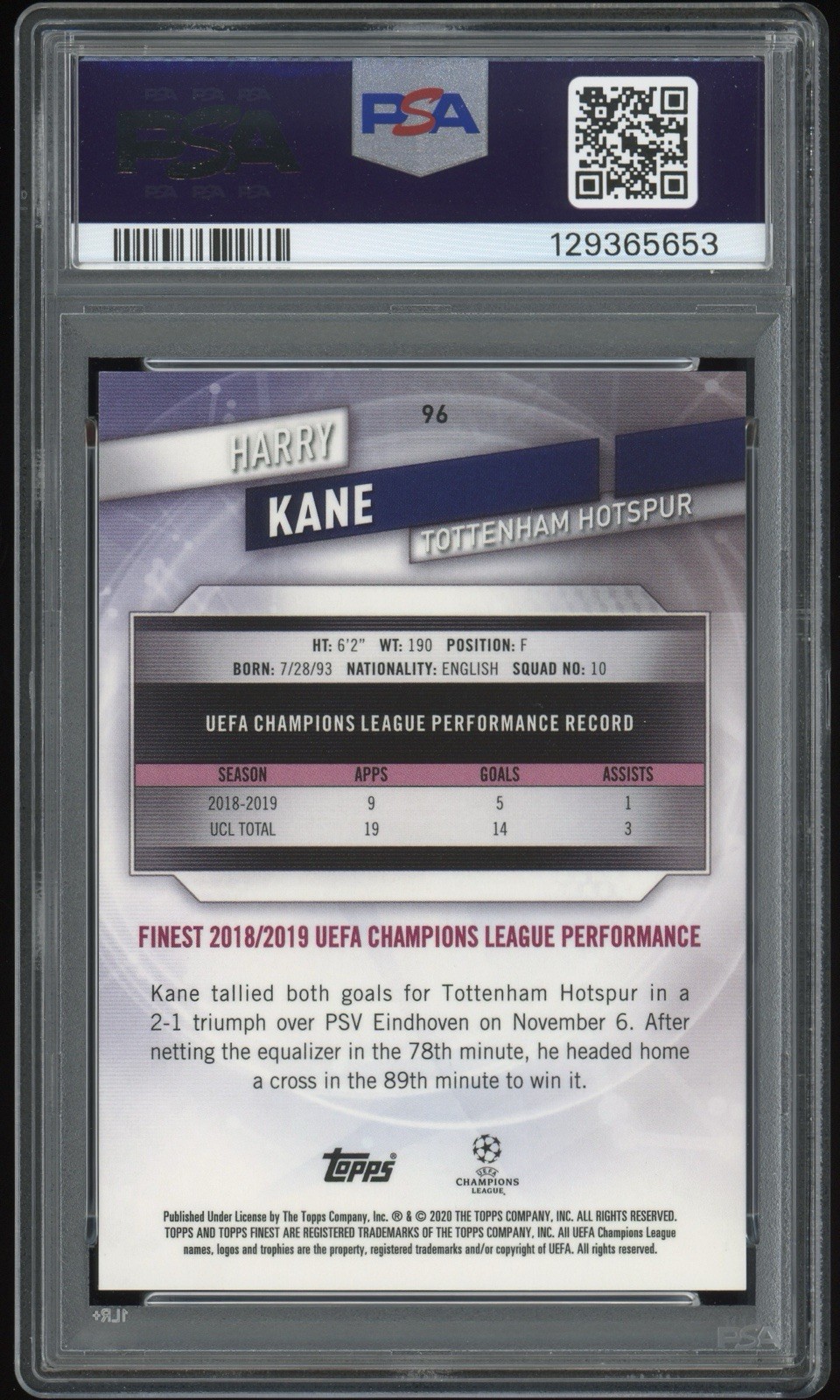 PSA 9 Harry Kane 2019 2020 Topps Finest Champions League #96 Gold Refractor /50 view 2