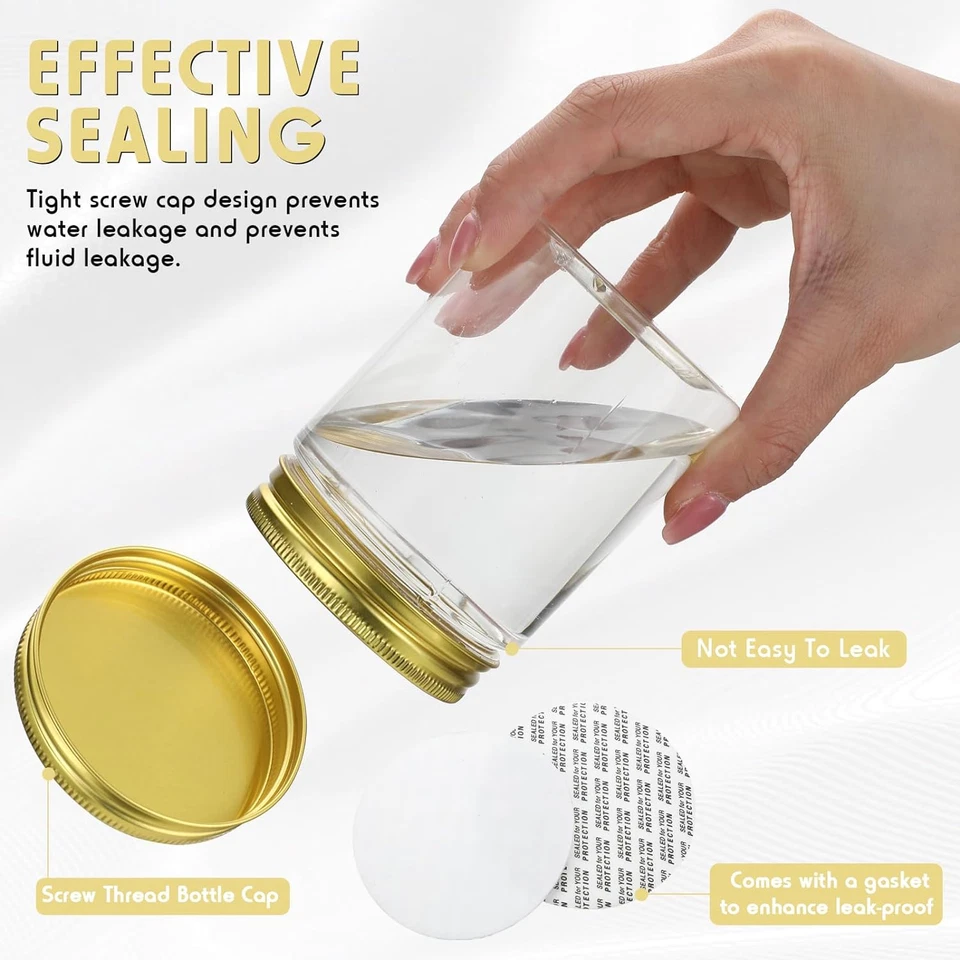 60 Pcs 8 Oz Clear Plastic Mason Jars Containers with Screw on Gold Lids Refillab - Image 3 of 4