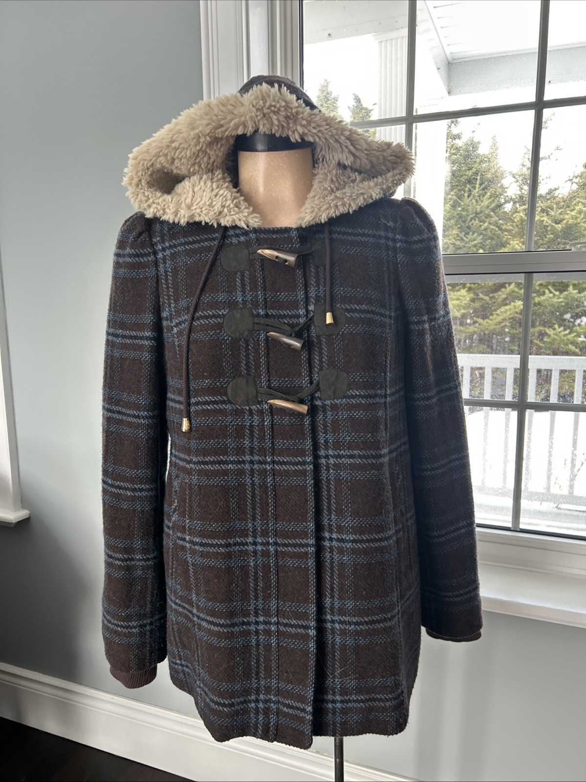Vtg Y2K Juicy Couture Plaid Faux Fur Lined Jacket Coat Size M Hooded Toggle Blue image 2