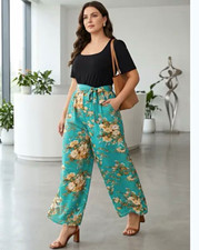 Bloomchic Women  s Plus Size 30 Black/Blue Floral Wide-Leg Scoop Neck Jumpsuit