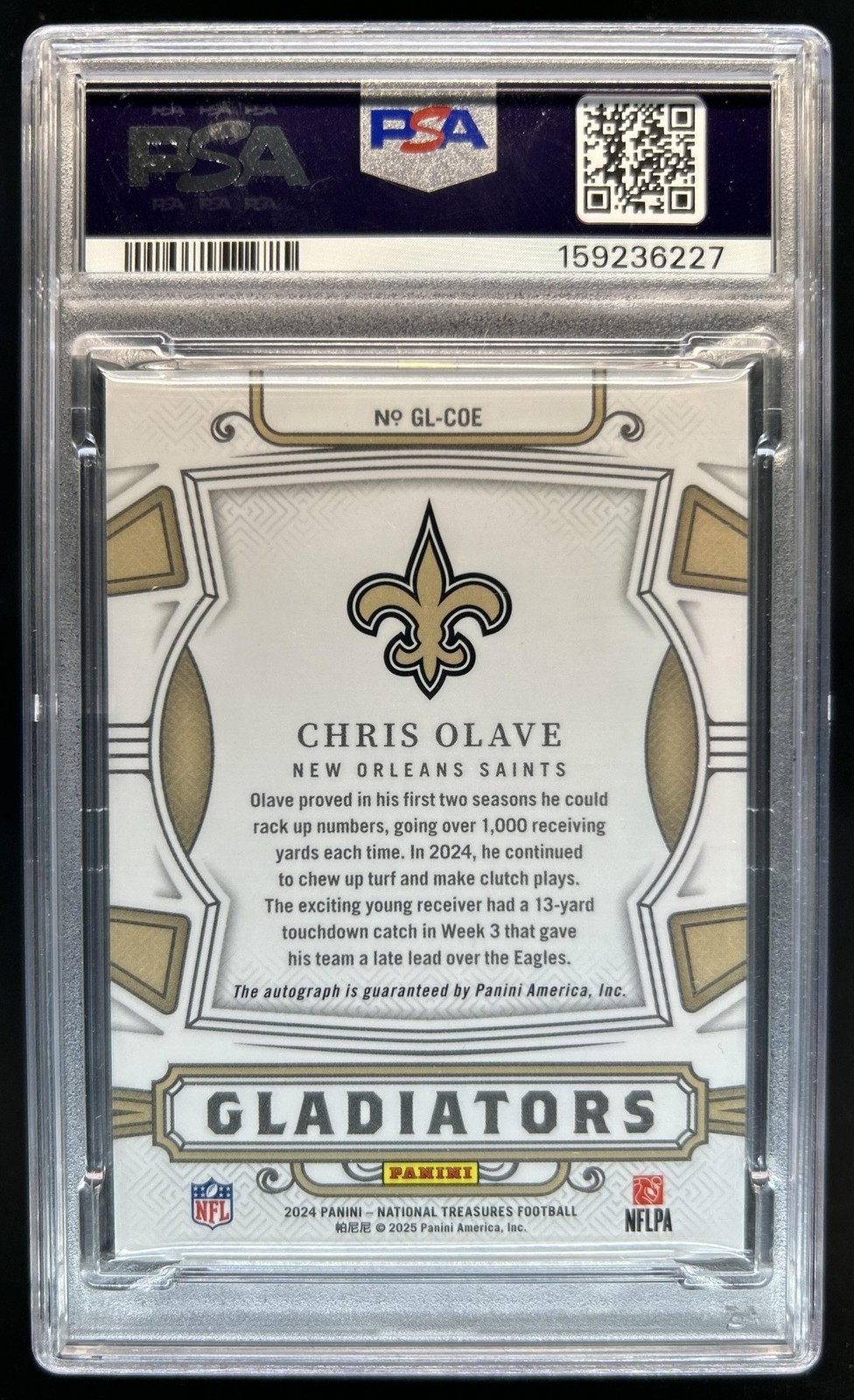 2025 National Treasures Chris Olave Gladiators Platinum Auto #1/1 #2 PSA 9 view 2