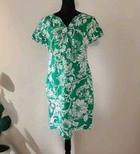 Talbots Linen Cotton Kelly Green Floral Print Dress Short Sleeve Pockets Size 6