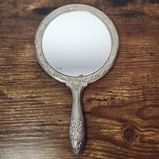 Vintage Vanity Hand Mirror Heavy Floral Ornate 3.75"