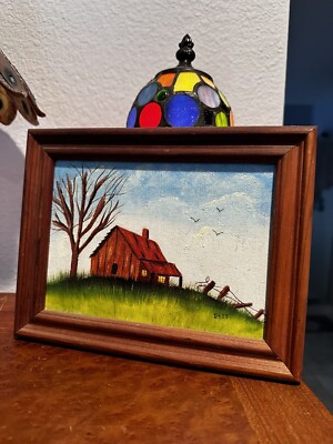Bess SMALL ORIGINAL OIL ON BOARD RED BARN LANDSCAPE PAINTING