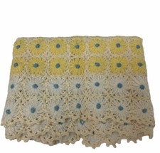 Vintage Hand Crochet Granny Square Floral Baby Lap Blanket 35" x 21" Yellow Blue