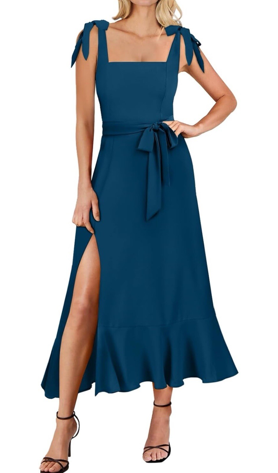ANRABESS Womens MediumFormal Dress Square Neck Ruffle Split Midi Dress Deep Blue