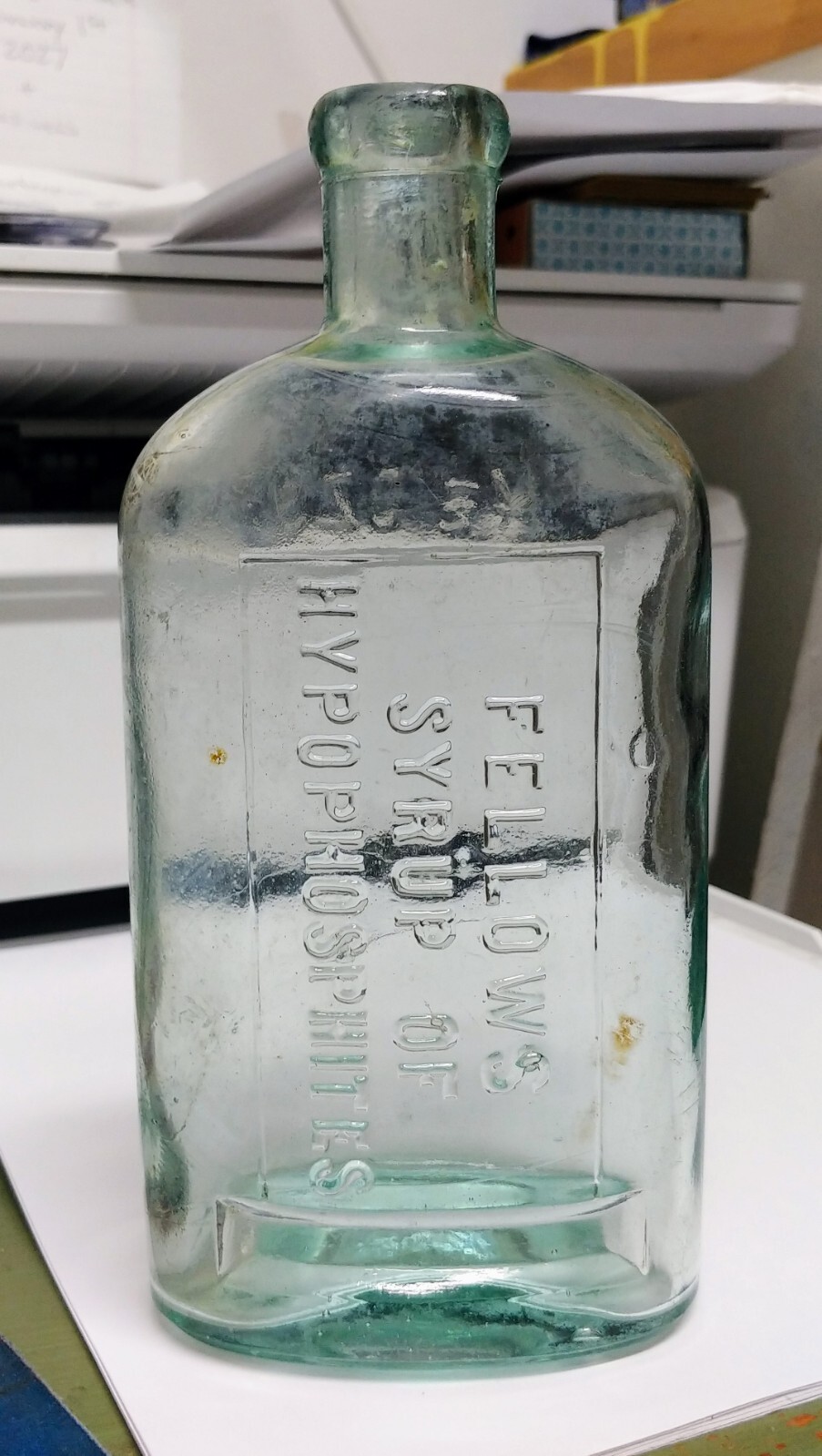 Antique 1870s FELLOWS SYRUP OF HYPOPHOSPHITES 7 3/4" AQUA BLUE BOTTLE