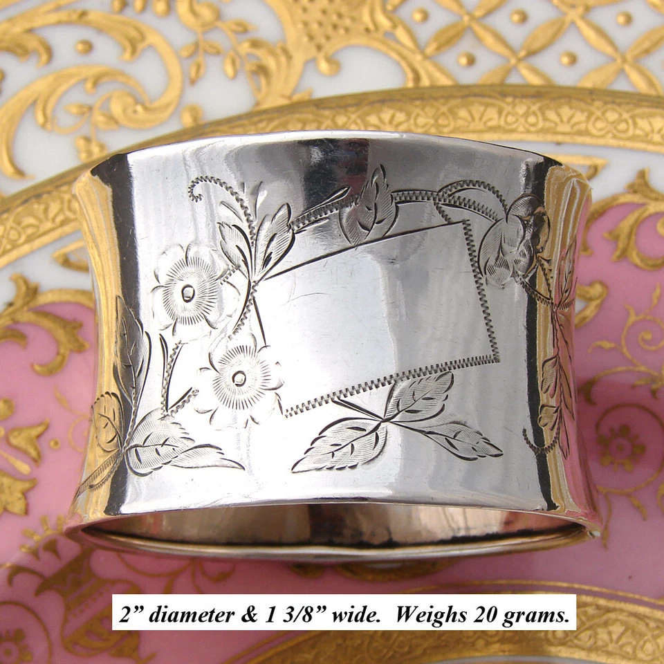 Antiguo Anillo Servilletero Continental Plata .800 2", Decoración Floral y Foliada Foto 3 de 4